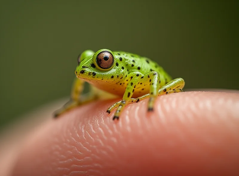 A close-up photograph of a tiny Baw Baw froglet sitting on a person's finger, highlighting its small size.