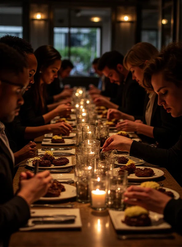 A diverse group of people sitting at tables in a restaurant, focused on tasting and evaluating samples of plant-based steak with mashed potatoes.