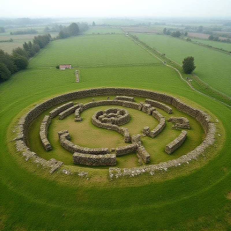 An aerial view of the Flagstones monument in Dorset, showing the circular enclosure and surrounding landscape, emphasizing its historical significance.