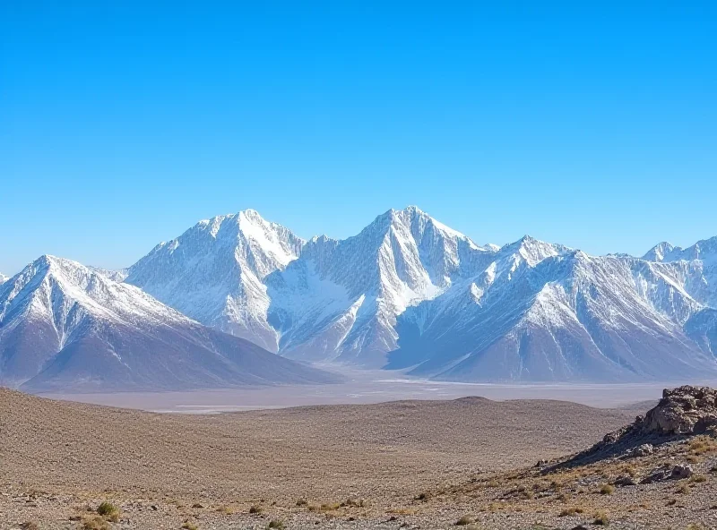 A panoramic view of the Pamir Mountains with snow-capped peaks and a clear blue sky.