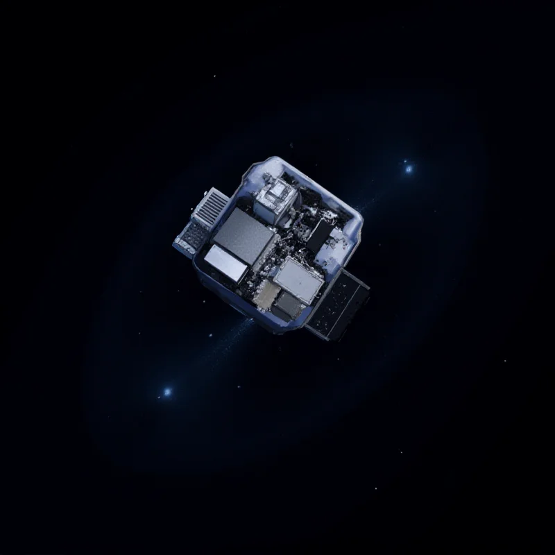 A detailed rendering of the BRNOsat satellite, highlighting its compact size and the various scientific instruments it carries, including the ultraviolet telescope.