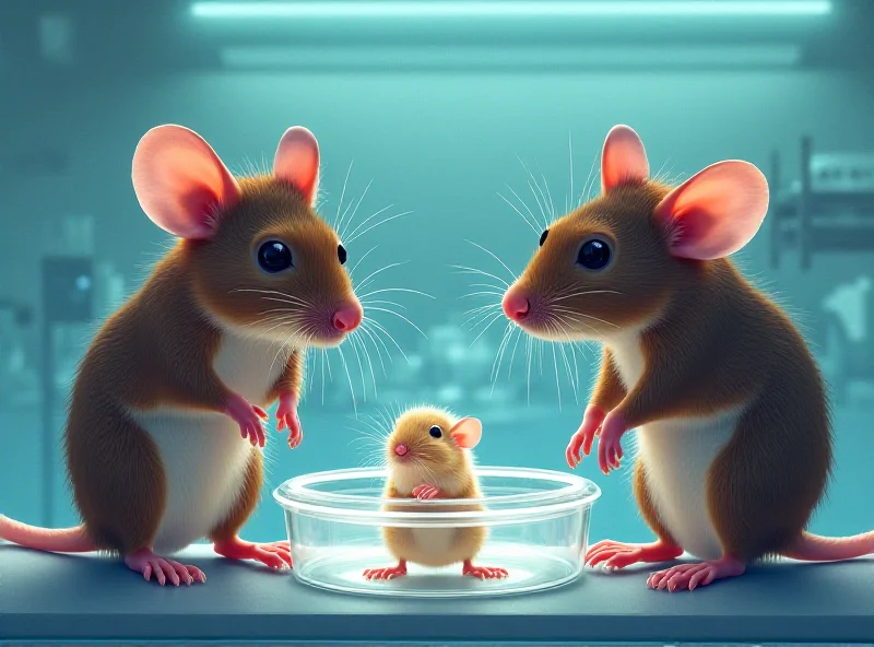 Illustration of two male mice looking at a baby mouse in a petri dish.