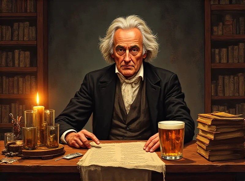 Illustration of Isaac Newton sitting at a desk with a beer flagon next to him