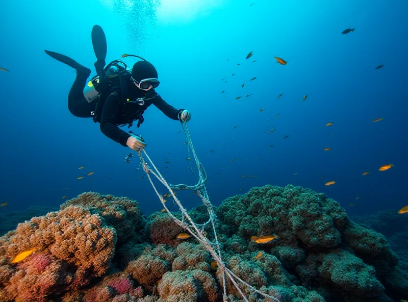 A diver removing a discarded fishing net from a coral reef in the Mediterranean Sea.