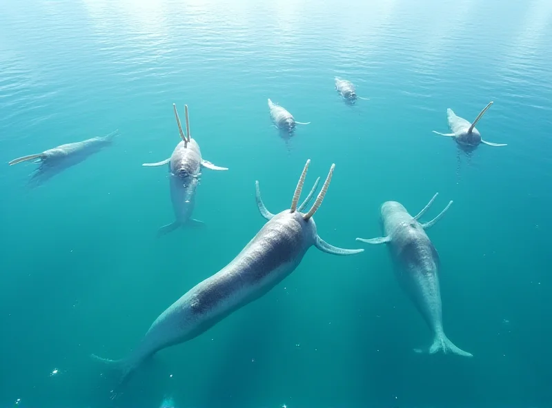 Narwhals swimming in arctic waters, using their tusks.