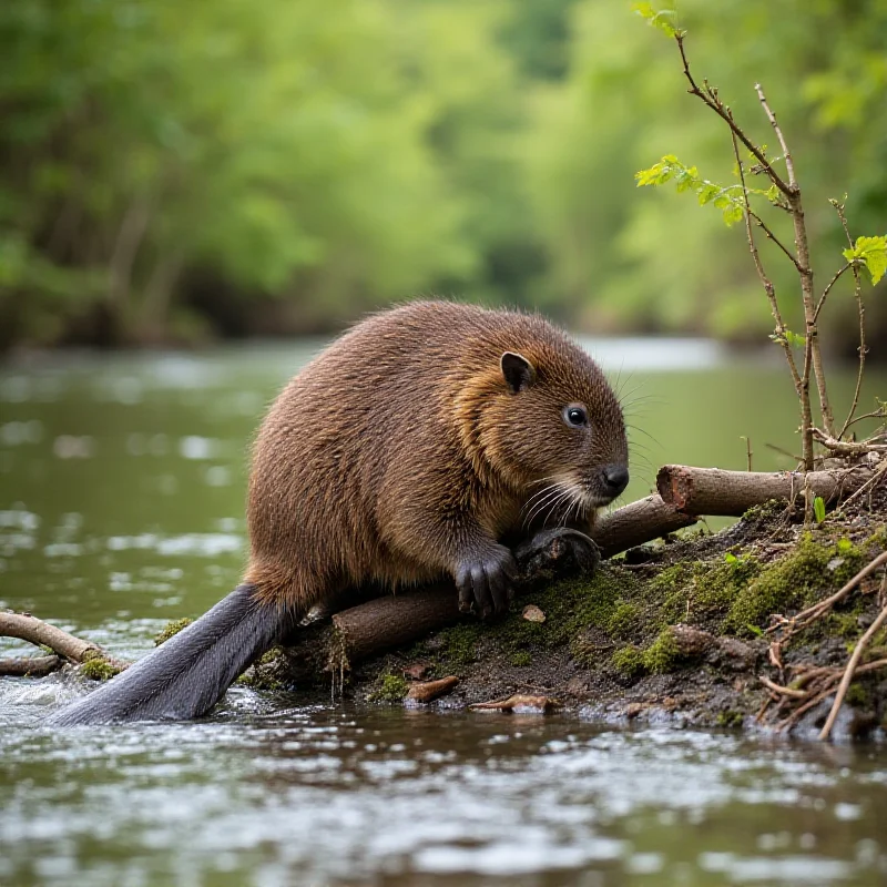 Beaver building a dam in a river, surrounded by lush vegetation.