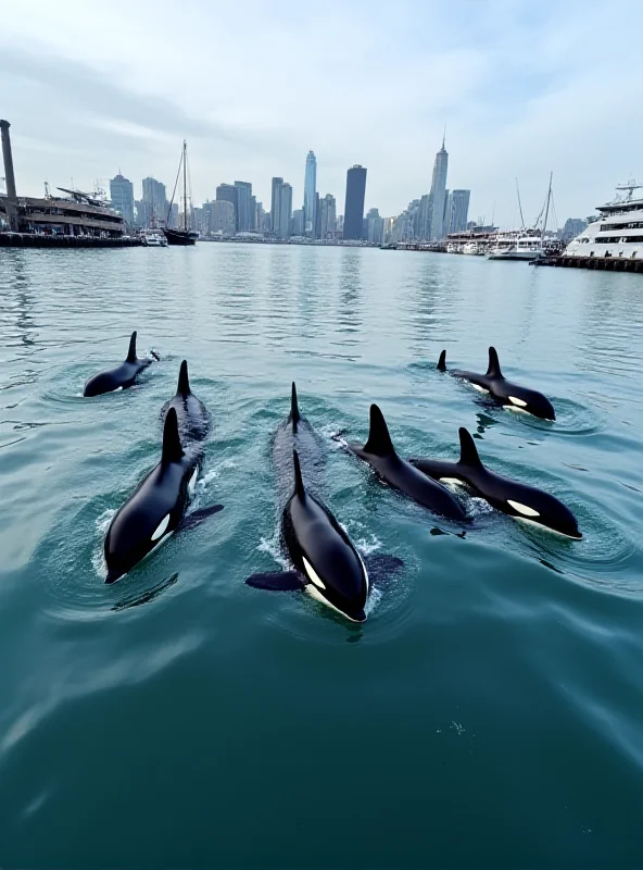 A pod of orcas swimming close to shore in a city harbor.