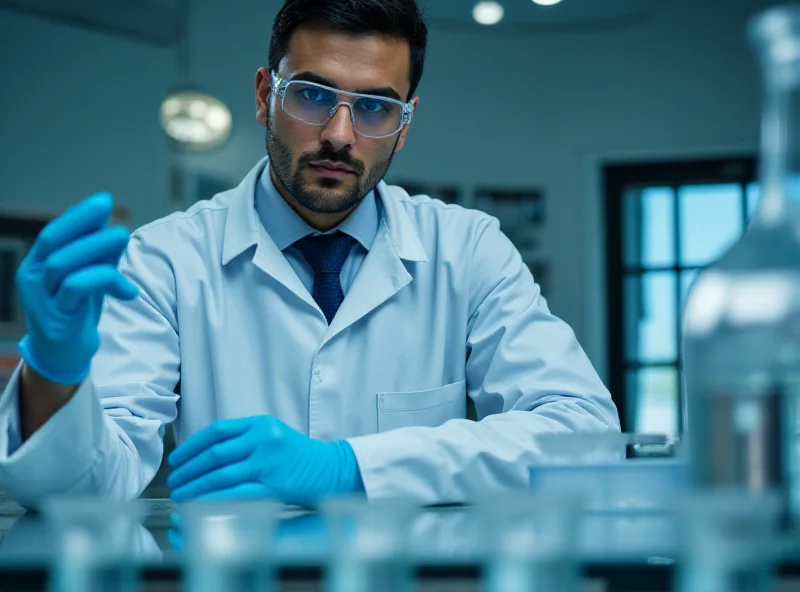 A scientist in a lab coat analyzing a sample of wastewater.