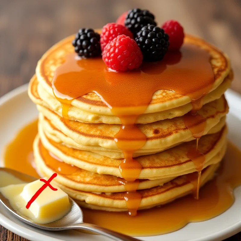 A stack of perfectly golden-brown pancakes, drizzled with syrup and topped with fresh berries. The pancakes are light and fluffy, showcasing a perfect texture. There is a knife with butter on the side.