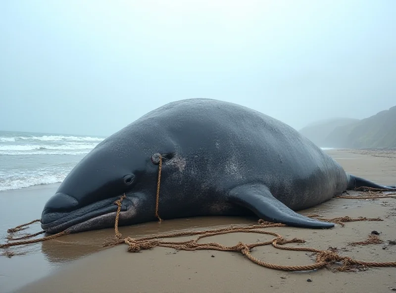 A 50-foot sperm whale lying on a sandy beach on the Isle of Skye, Scotland. Ropes are entangled around its body. The whale appears distressed, with concerned people nearby.