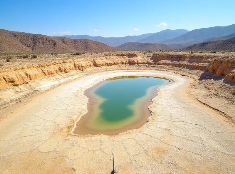 Aerial view of a dried-up reservoir in California during a drought.