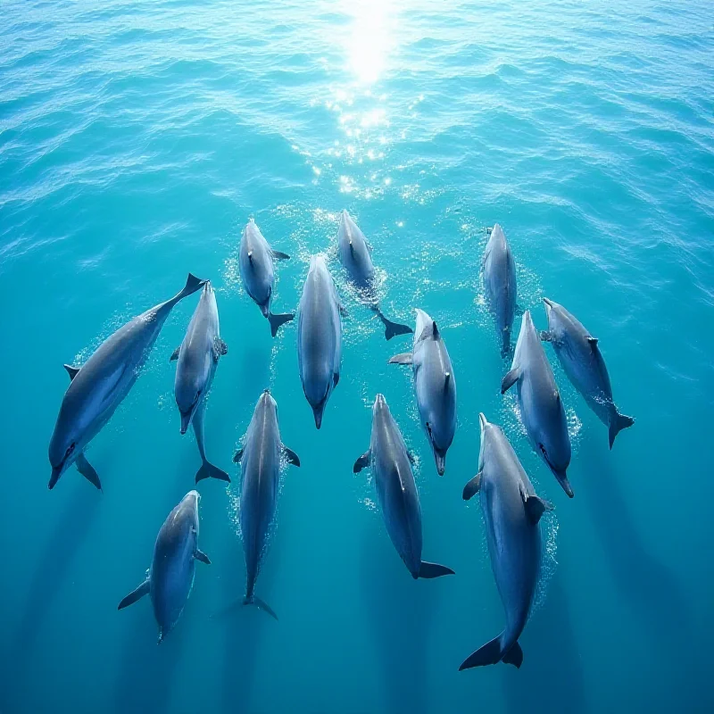 A large group of dolphins swimming near the surface of the ocean, some leaping out of the water.