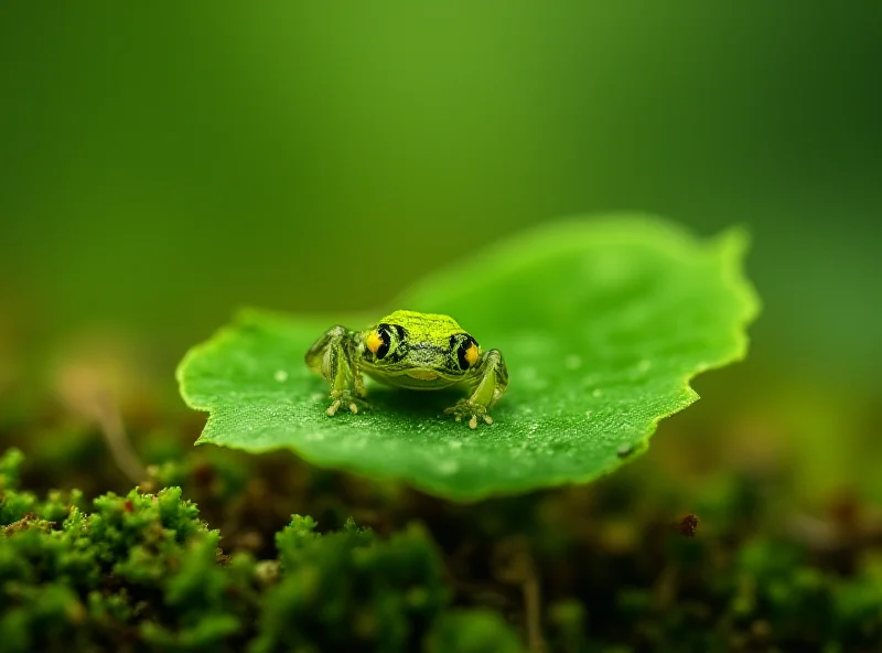 Close-up shot of a tiny Baw Baw froglet on a leaf in a forest environment.