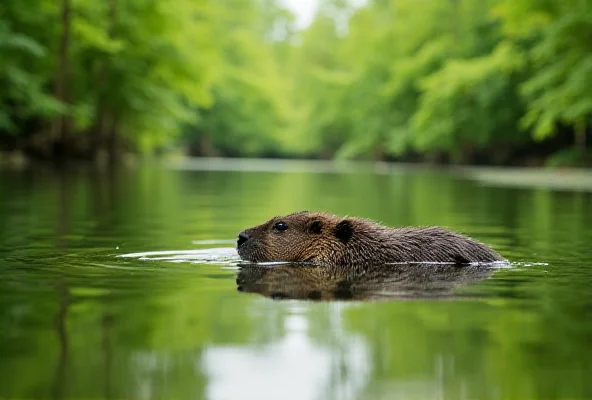 A beaver swimming in a pond with trees and lush greenery in the background.