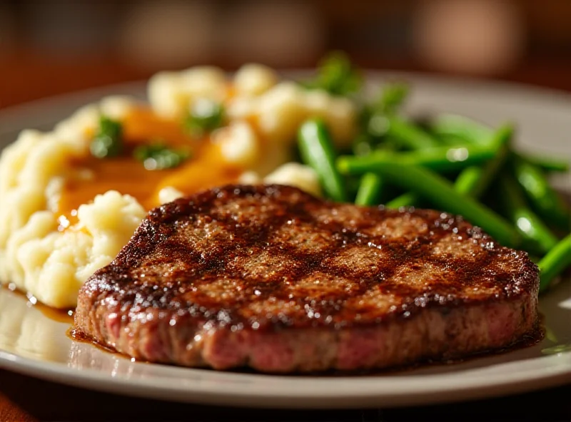 A close-up shot of a plate of plant-based steak with mashed potatoes and a side vegetable in a restaurant setting.