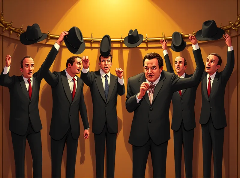 Illustration of six figures in suits reaching for hats in a cloakroom. The scene is slightly comical and exaggerated.