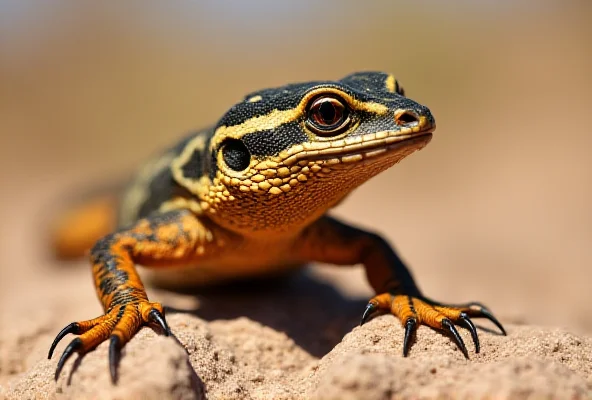 Close-up photo of a Gila monster in its natural desert habitat. The lizard is colorful and patterned, with a slightly menacing but also intriguing appearance.