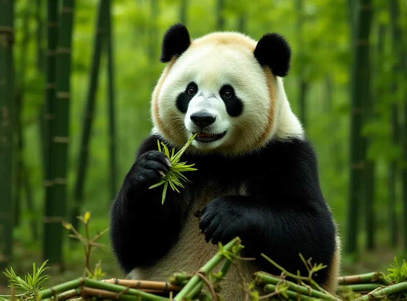 A giant panda sitting in a bamboo forest, happily munching on bamboo shoots. The panda looks content and healthy in its natural environment.