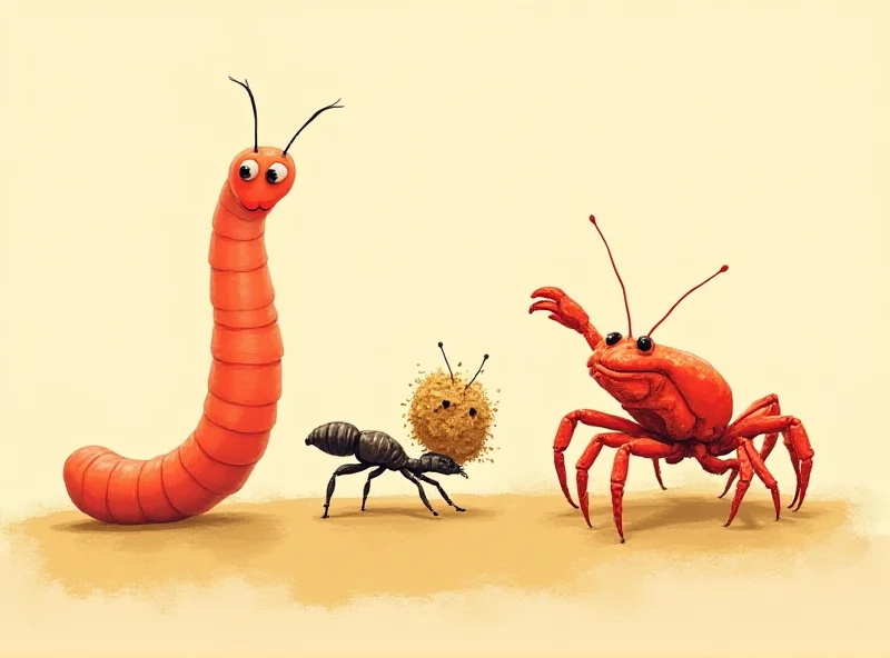 Illustration of diverse invertebrates, including a worm, an ant, and a crab, rendered in a whimsical, slightly surreal style to convey the concept of sentience.