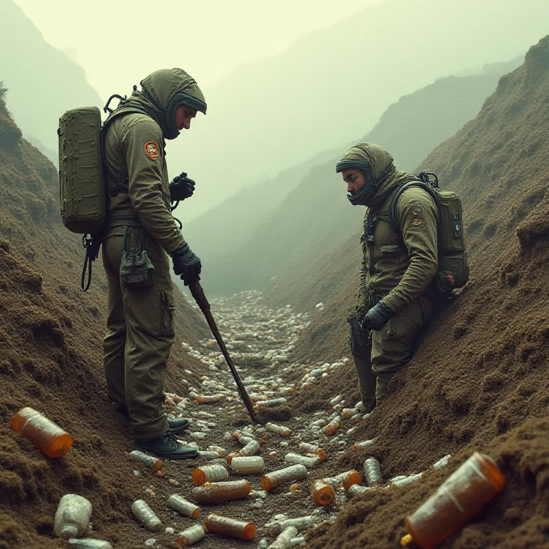 A futuristic scene depicting paleontologists in the distant future excavating a landfill site, uncovering various 'technofossils' like plastic bottles, electronic waste, and decaying clothing.