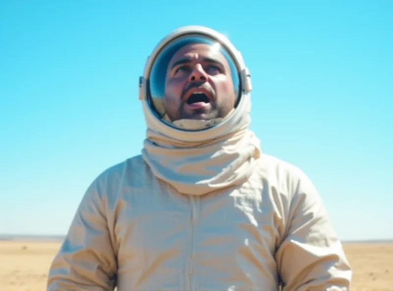 Jesús Calleja looking up at the sky, hopeful expression, wearing a spacesuit.