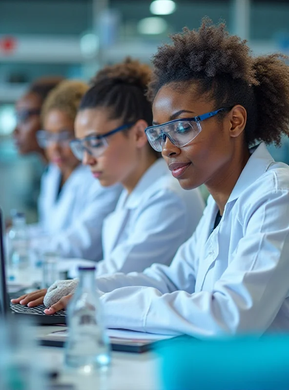 A group of diverse women working collaboratively on a scientific project in a modern laboratory.