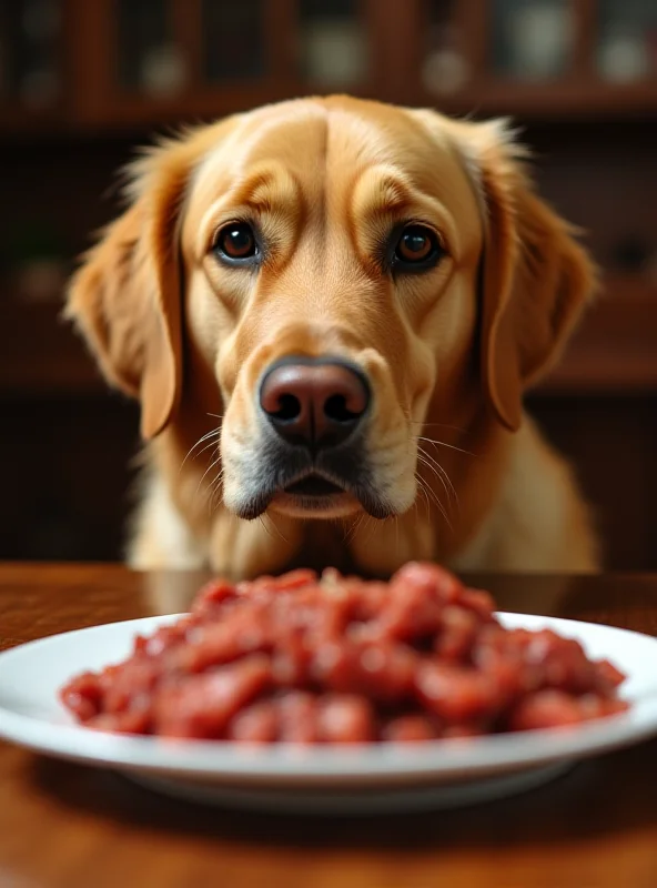 A close-up of a Labrador Retriever looking longingly at a plate of food.