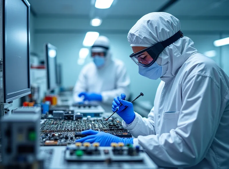 A cleanroom environment with Czech scientists working on electronic components for the VenSpec-H spectrometer, wearing lab coats and protective gear. The EnVision probe can be seen in the background as a digital rendering.