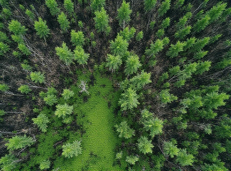 A drone shot over a forest area, showing a mix of burnt trees and green, recovering vegetation. The image highlights the contrasting effects of fire damage and natural regeneration.