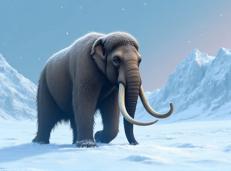 Illustration of a woolly mammoth-like elephant walking in a snowy Arctic landscape.