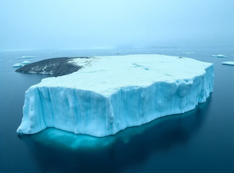 Aerial view of a massive iceberg near a remote island, with visible cracks and fissures.