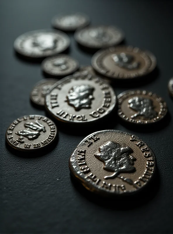 Close-up photograph of a collection of tarnished Roman silver coins, displaying intricate details and historical significance.