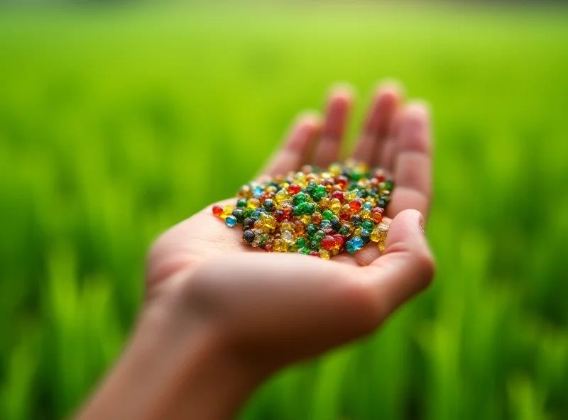 Close-up photo of a hand holding small, colorful glass beads representing the multicomponent fertilizer, with a lush green field in the background.