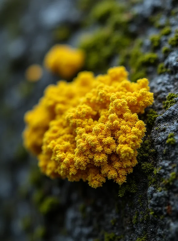 Close-up of scrambled egg lichen growing on a rock.