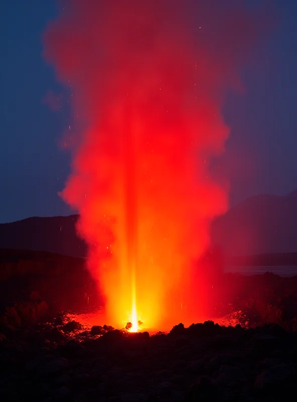 A vibrant image of a lava fountain erupting from Kilauea volcano in Hawaii at night, with glowing orange lava spewing high into the air against a dark sky filled with volcanic ash.