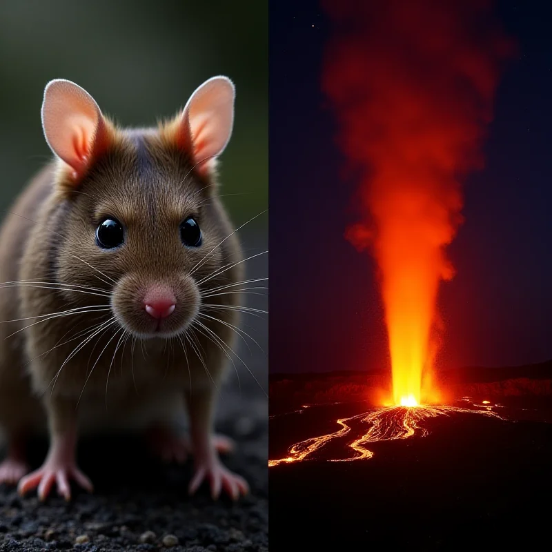 Split image. On the left, a close-up of a mouse with thick, woolly hair. On the right, a wide shot of a lava fountain erupting from a volcano at night, with glowing lava trails and smoke.