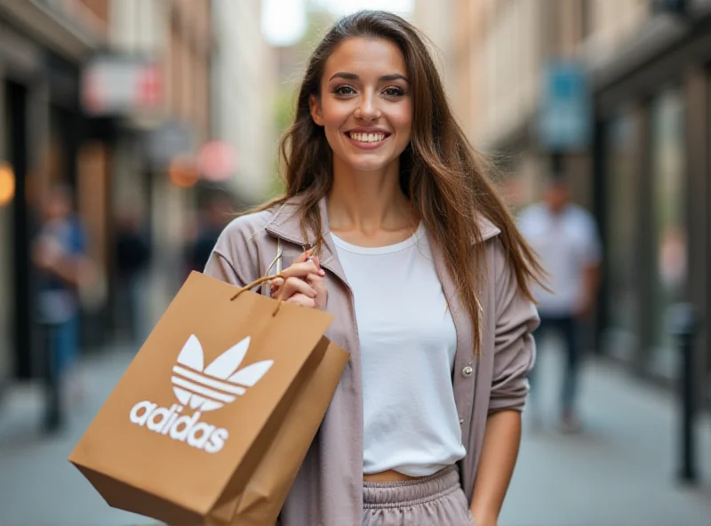 A person wearing Adidas apparel, smiling and holding an Adidas shopping bag.