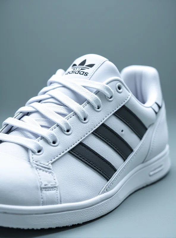 Close-up of an Adidas shoe with the Adidas logo prominently displayed.