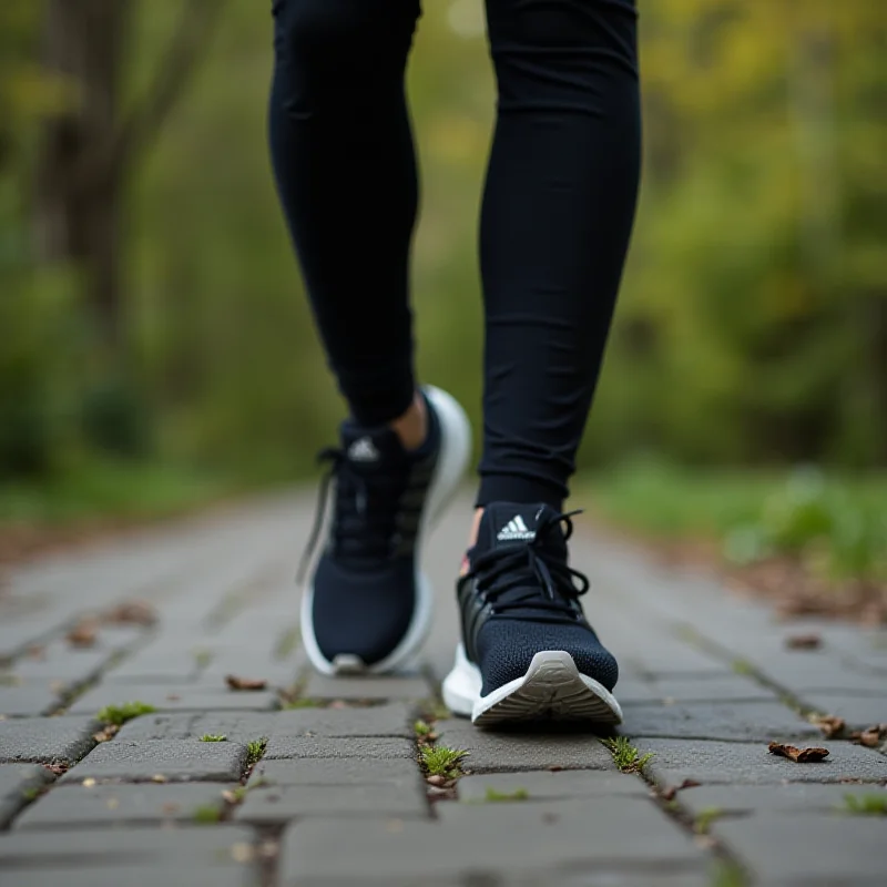 A person walking on a paved path wearing Adidas Ultraboost Lights shoes.