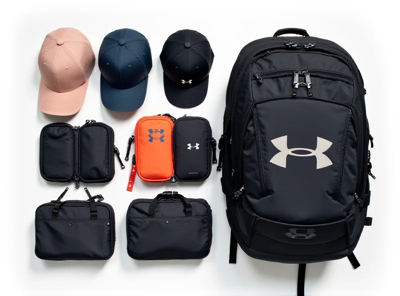 A variety of Under Armour accessories laid out on a white background, including hats, duffel bags, and backpacks.