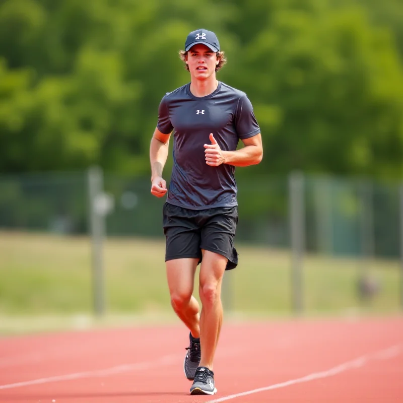 A person wearing Under Armour athletic apparel, including a hat, shirt, and shoes, jogging on a track.