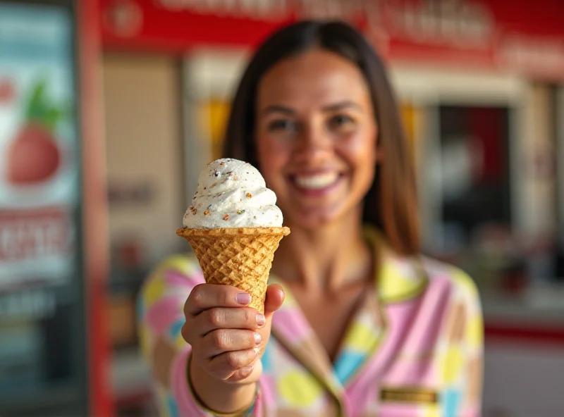 A person wearing pajamas happily holding a waffle cone from Bruster's Ice Cream.