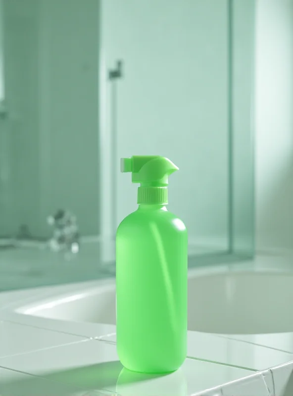 A bottle of Method Bathroom Cleaner with a spray nozzle, sitting on a clean bathroom counter.