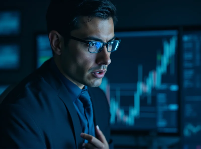 Close-up of a financial analyst looking at a computer screen displaying stock market data and charts.