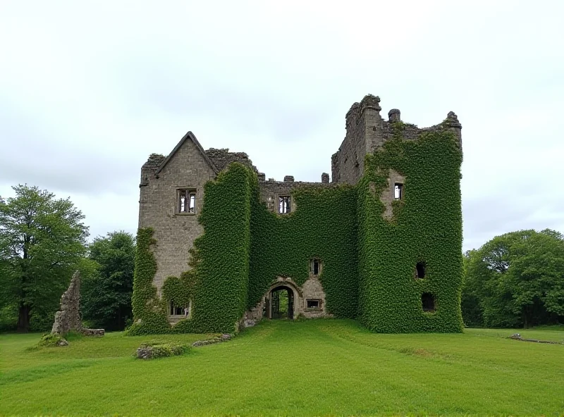 A weathered stone castle in Scotland, partially overgrown with ivy, under a cloudy sky.