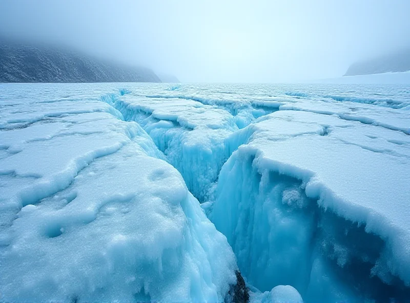 A melting glacier in Antarctica with visible cracks and meltwater.