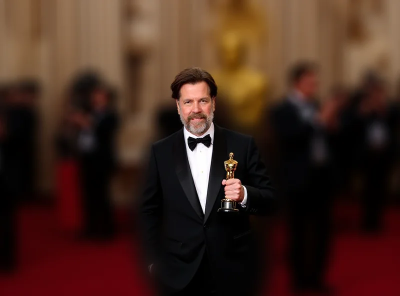 Sean Baker holding his Oscar statuette