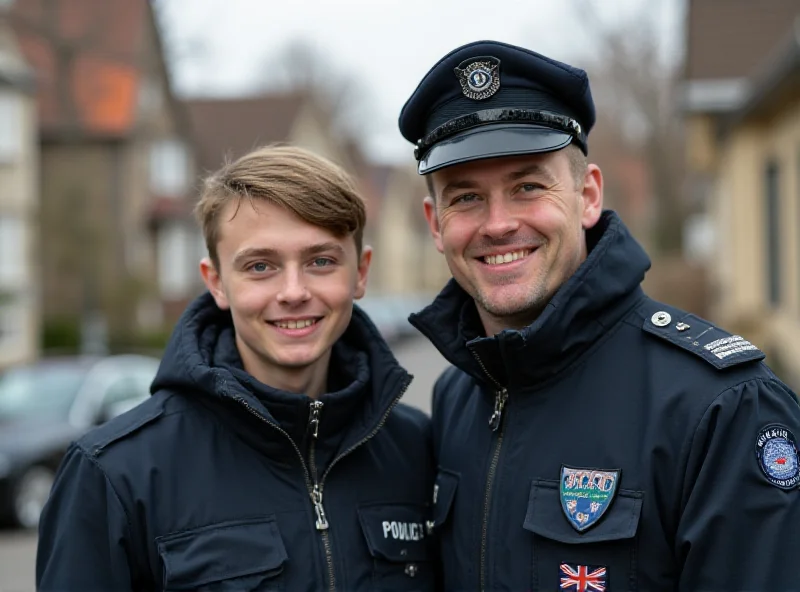 A smiling teenage boy, Kacper, standing with a police officer, both looking relieved.