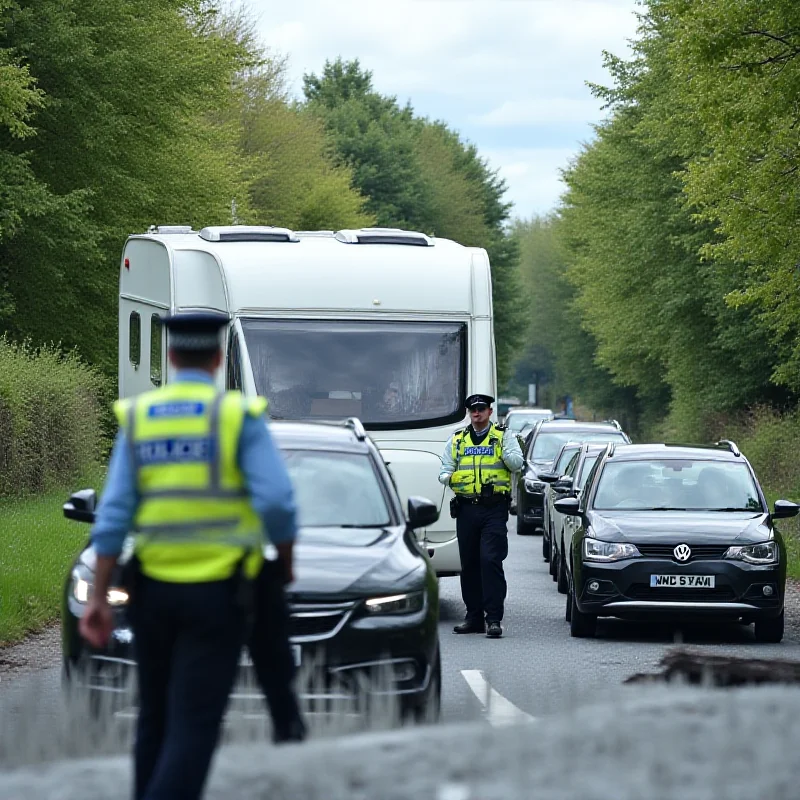 A long queue of cars stuck behind a large static caravan blocking a road in a Cambridgeshire town.