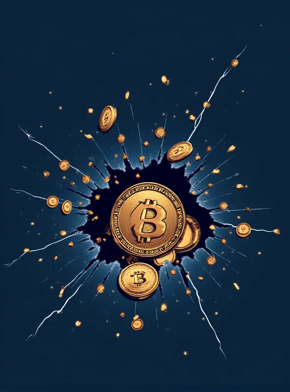 Digital illustration of a digital wallet with a gaping hole, surrounded by flying crypto coins.